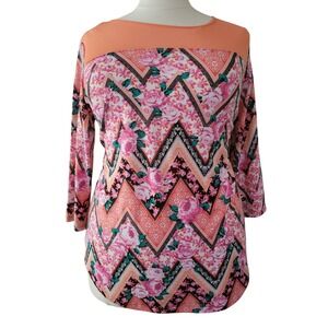 Bobbie Brooks Floral Chevron Top 2X Pink Orange Excellent 3/4 Sleeve Blouse